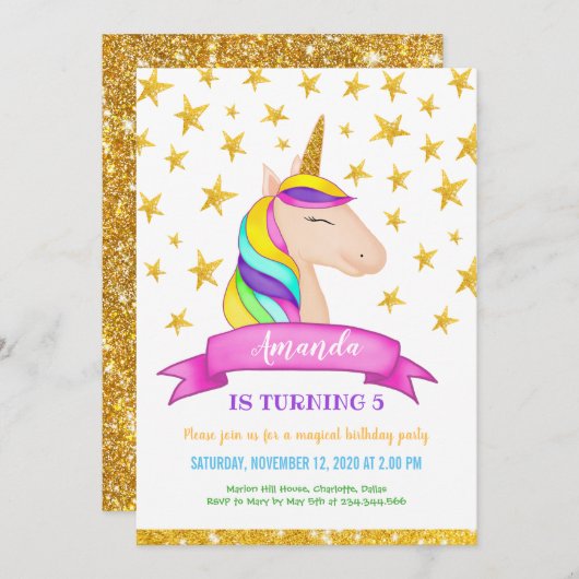 Eenhoorn Faux Gold Glitter Sterren | Verjaardag Kaart (Voorkant / Achterkant)