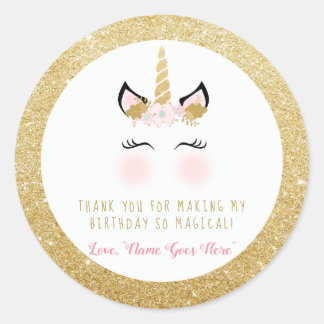 Eenhoorn Favor Sticker- Glitter goud en roze Ronde Sticker