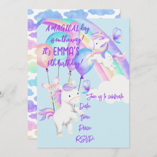 Eenhoorn Feest Uitnodiging (Voorkant / Achterkant)