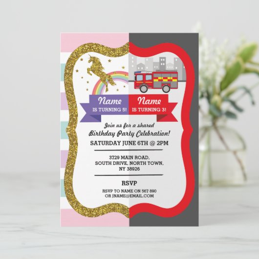 Eenhoorn Firetruck Boy Girl Verjaardag Gedeeld Fun Kaart (Staand voorkant)