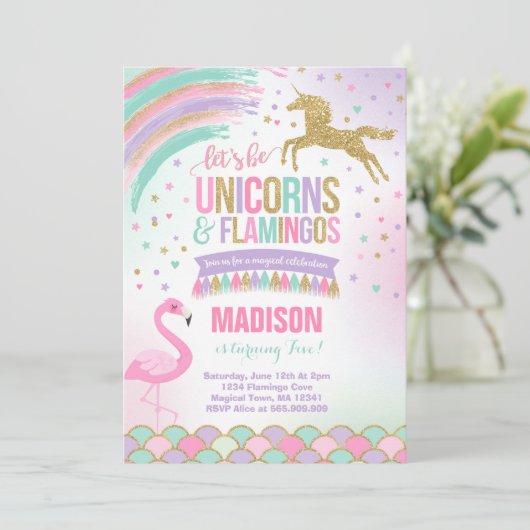 Eenhoorn & Flamingo Verjaardag Uitnodiging Magic P (Staand voorkant)