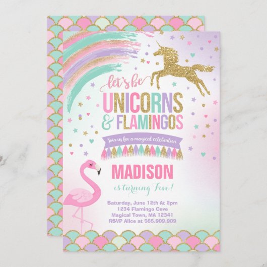 Eenhoorn & Flamingo Verjaardag Uitnodiging Magic P (Voorkant / Achterkant)