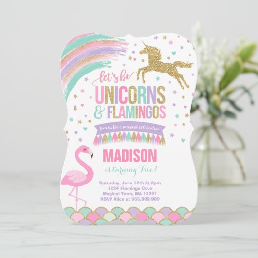 Eenhoorn & Flamingo Verjaardag Uitnodiging Magic P (Staand voorkant)