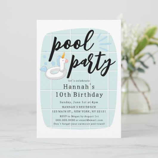 Eenhoorn Float Pool Party Kids Verjaardag Kaart (Staand voorkant)