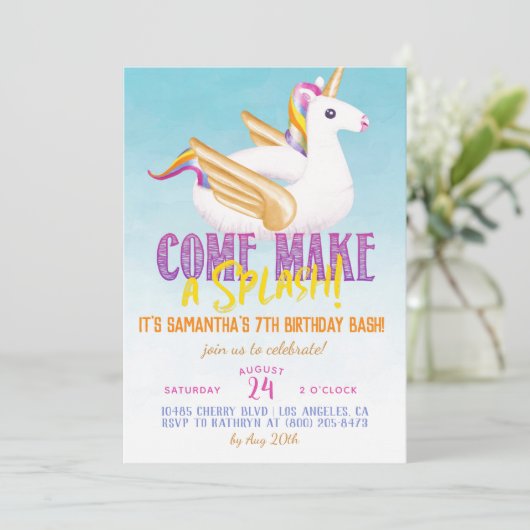 Eenhoorn Float Pool Zomer Verjaardag Kaart (Staand voorkant)