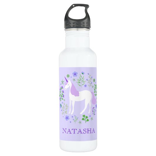 Eenhoorn Floral Paarse Gepersonaliseerd Waterfles (Voorkant)