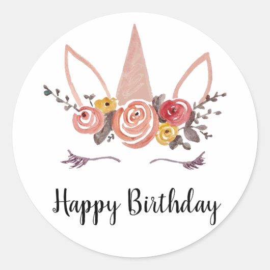 Eenhoorn Flower Crown Happy Birthday Party Sticker (Voorkant)