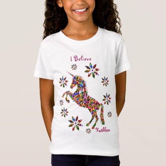 Eenhoorn Geloof Bloemen Glitter Personaliseren T-shirt (Voorkant)