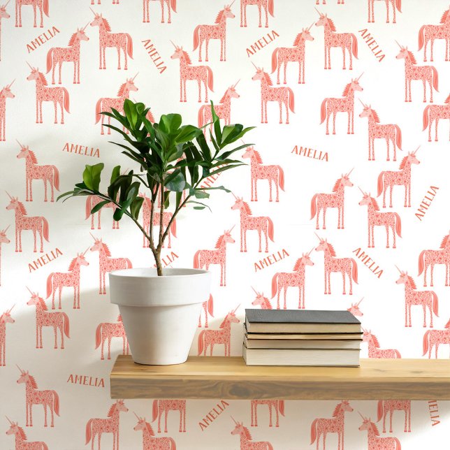 Eenhoorn gepersonaliseerde naam roze behang (Personalized custom name pink unicorn peel and stick wallpaper for a nursery, baby or girl’s room)