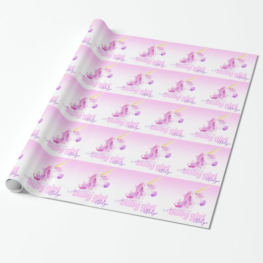 Eenhoorn gepersonaliseerde nieuwe baby roze papier (Uitgerold)