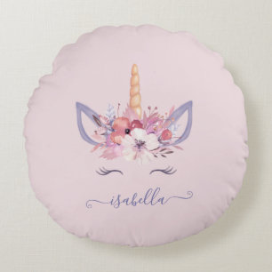 Eenhoorn gezicht bloemenontwerp waterverf rond kussen