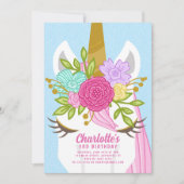  eenhoorn gezicht bloemige verjaardagsuitnodiging kaart (Voorkant)