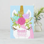  eenhoorn gezicht bloemige verjaardagsuitnodiging kaart (Staand voorkant)