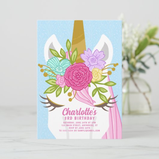  eenhoorn gezicht bloemige verjaardagsuitnodiging kaart (Staand voorkant)