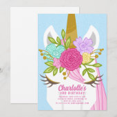  eenhoorn gezicht bloemige verjaardagsuitnodiging kaart (Voorkant / Achterkant)