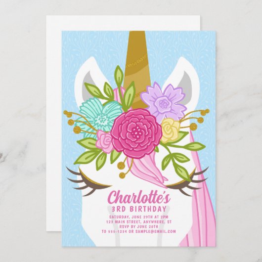 eenhoorn gezicht bloemige verjaardagsuitnodiging kaart (Voorkant / Achterkant)