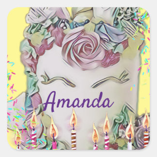 Eenhoorn gezicht cake Rainbow Sprinkles geel Vierkante Sticker