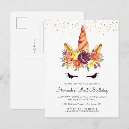 Eenhoorn Gezicht Herfst Bloemen Verjaardag Uitnodi Uitnodiging Briefkaart (Voorkant / Achterkant)