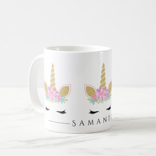 Eenhoorn gezicht met wimpers glitter bloem koffiemok (Voorkant links)