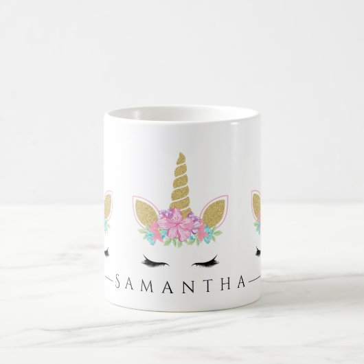 Eenhoorn gezicht met wimpers glitter bloem koffiemok (Center)