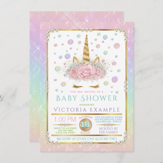 Eenhoorn Gezicht Parel Eenhoorn Baby Douche Uitnod Kaart (Voorkant / Achterkant)