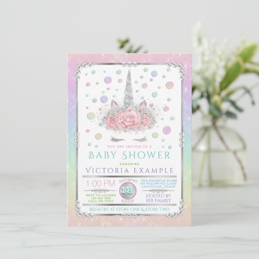 Eenhoorn Gezicht Regenboog Parel Baby Douche Uitno Kaart (Staand voorkant)