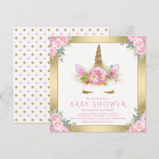 Eenhoorn Gezicht Roze Goud Baby Douche Uitnodiging (Voorkant / Achterkant)