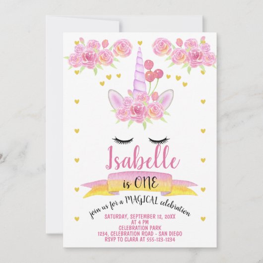 Eenhoorn Gezicht Roze Waterverf Bloemen Verjaardag Kaart (Voorkant)