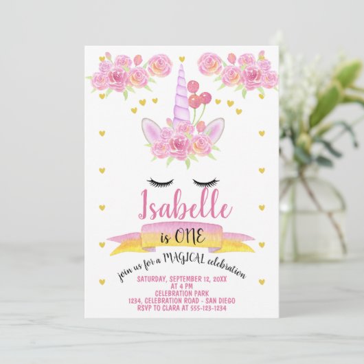 Eenhoorn Gezicht Roze Waterverf Bloemen Verjaardag Kaart (Staand voorkant)