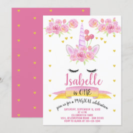 Eenhoorn Gezicht Roze Waterverf Bloemen Verjaardag Kaart