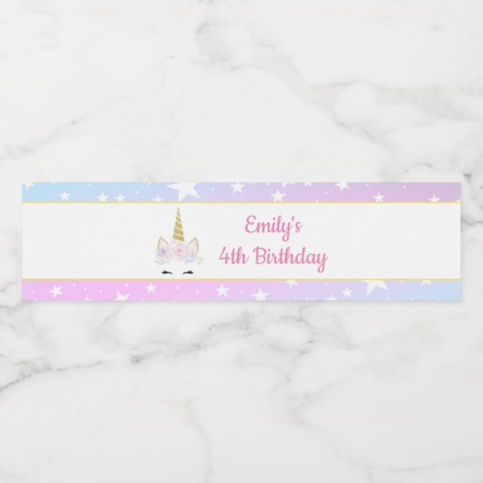 Eenhoorn gezicht sterren meisje verjaardag fles la waterfles etiket (Enkel label)