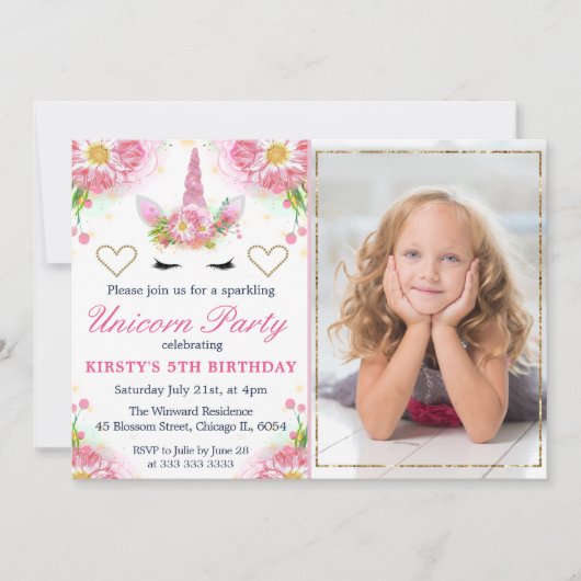 Eenhoorn Gezicht & Waterverf Bloemen Foto Verjaard Kaart (Voorkant)