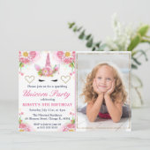 Eenhoorn Gezicht & Waterverf Bloemen Foto Verjaard Kaart (Staand voorkant)