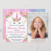 Eenhoorn Gezicht & Waterverf Bloemen Foto Verjaard Kaart (Voorkant / Achterkant)