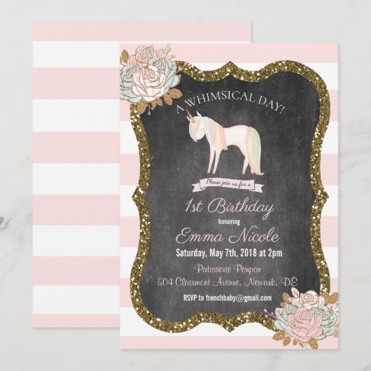 Eenhoorn Glitter 1e Verjaardag uitnodiging (Voorkant / Achterkant)