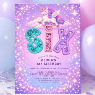 Eenhoorn Glitter 6de Verjaardag Uitnodiging Meisje