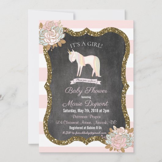 Eenhoorn Glitter Bloemen Baby shower Uitnodiging (Voorkant)