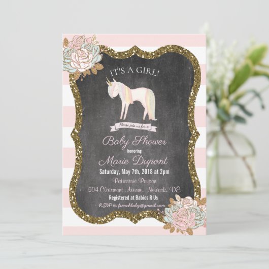 Eenhoorn Glitter Bloemen Baby shower Uitnodiging (Staand voorkant)