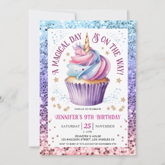 Eenhoorn Glitter Regenboog Cupcake | 9e verjaardag Kaart (Voorkant)