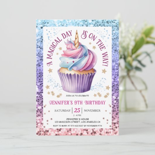 Eenhoorn Glitter Regenboog Cupcake | 9e verjaardag Kaart (Staand voorkant)