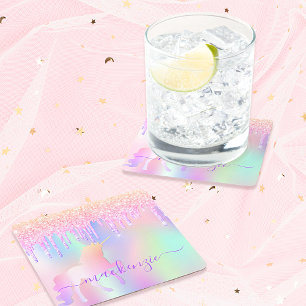 Eenhoorn glitters paars iriserend roze goud monogr kartonnen onderzetters