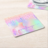 Eenhoorn glitters paars iriserend roze goud monogr kartonnen onderzetters (Schuin)