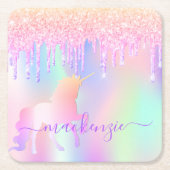 Eenhoorn glitters paars iriserend roze goud monogr kartonnen onderzetters (Voorkant)