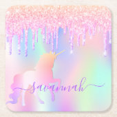 Eenhoorn glitters pink iriserend roze goud verjaar kartonnen onderzetters (Voorkant)