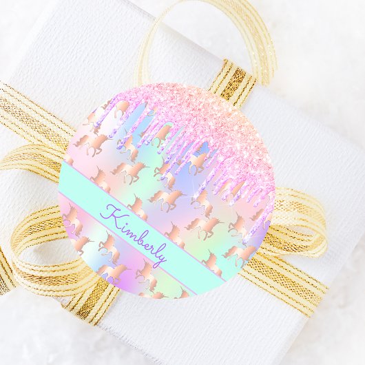 Eenhoorn glitters pink iriserende roze gouden verj ronde sticker