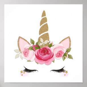 Eenhoorn Goud Bloemig Schattig Trendy Poster