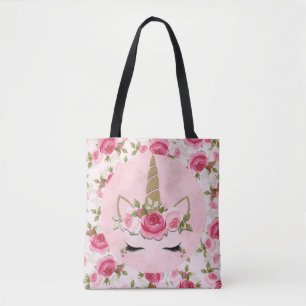 Eenhoorn Goud Roze Bloemen Roos Schattige Trendy Tote Bag