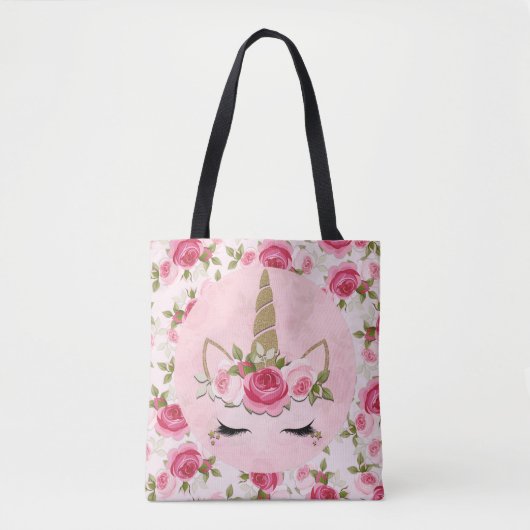 Eenhoorn Goud Roze Bloemen Roos Schattige Trendy Tote Bag (Voorkant)