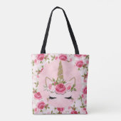 Eenhoorn Goud Roze Bloemen Roos Schattige Trendy Tote Bag (Achterkant)
