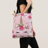 Eenhoorn Goud Roze Bloemen Roos Schattige Trendy Tote Bag (Dichtbij)
